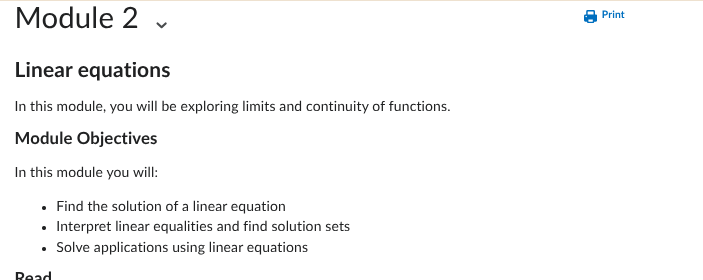 Module 2 Linear Equations Objectives Screenshot