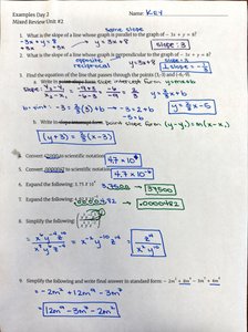 Algebra worksheet with handwritten solutions