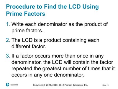 Procedure for finding the LCD using prime factors