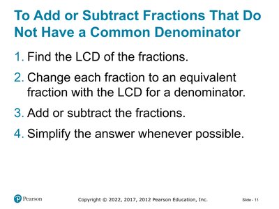 Steps for adding or subtracting fractions with different denominators