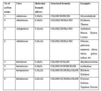 Table of monosaccharide classification by carbon number and functional group