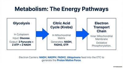 Metabolic pathway overview: glycolysis, citric acid cycle, electron transport chain