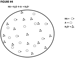 Molecular diagram showing partial dissociation of a weak acid in water