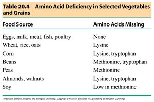 Amino acid deficiency in selected vegetables and grains