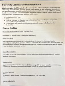 Course syllabus for Biochemistry for Health Professionals