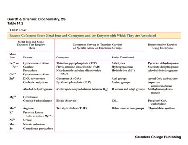 Table of enzyme cofactors, metal ions, coenzymes, and representative enzymes