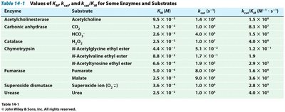 Table of Km, kcat, and kcat/Km for selected enzymes and substrates