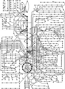 Simplified metabolic map with dots and lines representing intermediates and enzymes