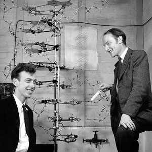 Historical photo of DNA double helix model construction