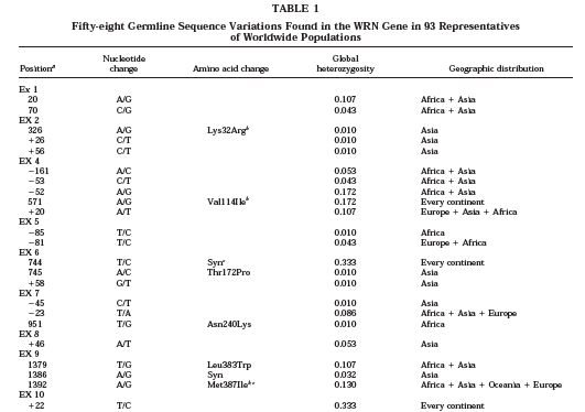 WRN protein sequence variation and functional domains