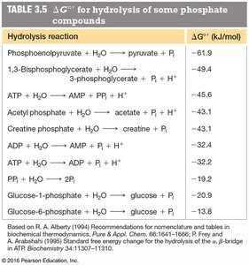 Table of ΔG°' for hydrolysis of phosphate compounds
