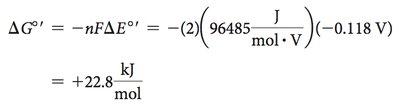 Example calculation of ΔG°' for a redox reaction