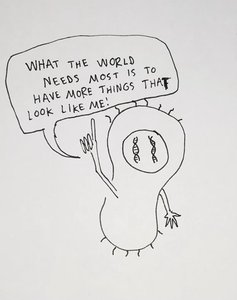 Cartoon of a single-celled organism emphasizing reproduction