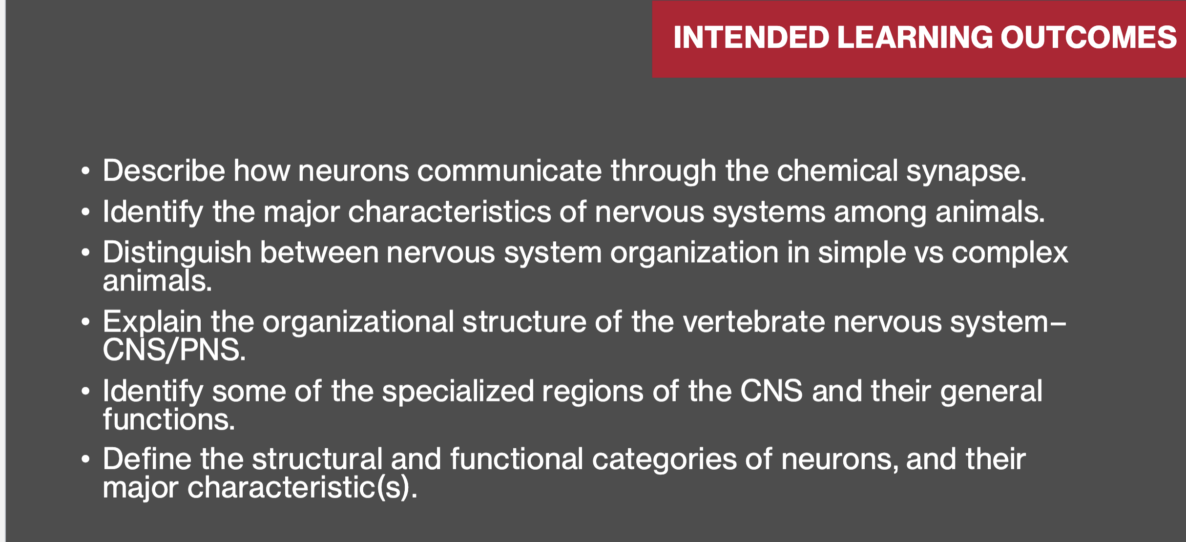 Intended Learning Outcomes for Nervous System Organization and Neuron Function