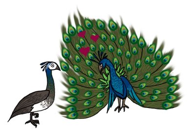 Cartoon of peacocks demonstrating mate choice