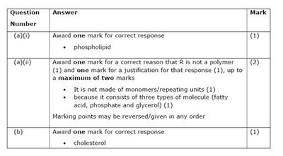 Mark scheme table for biology questions