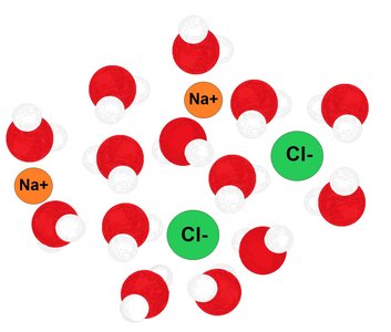 Water molecules surrounding Na+ and Cl- ions