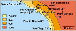 Map showing temperature moderation by water