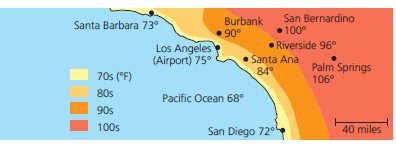 Map showing temperature moderation by ocean