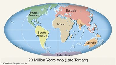 Map of continents 20 million years ago