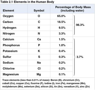Table of elements in the human body