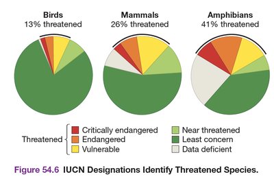 Pie charts showing proportions of threatened birds, mammals, and amphibians