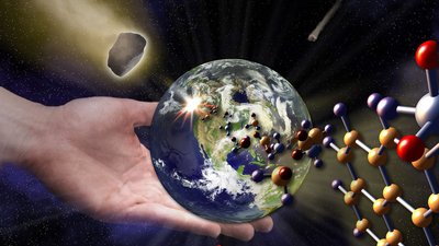 Artistic depiction of the origin of life on Earth, showing molecules and the planet