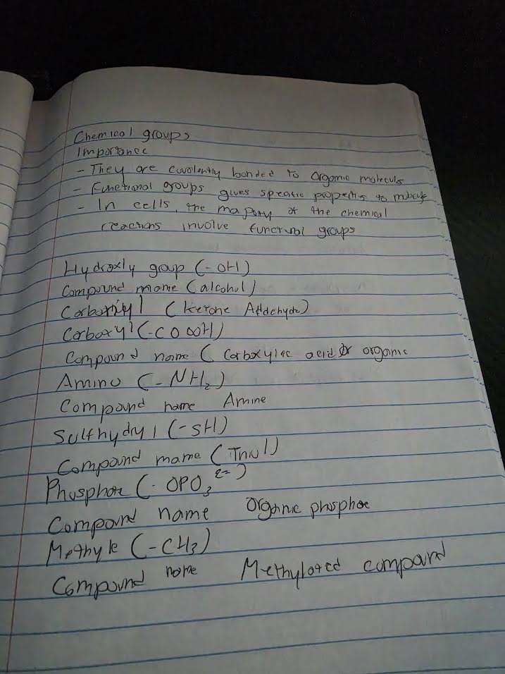 Handwritten notes on functional groups in organic molecules