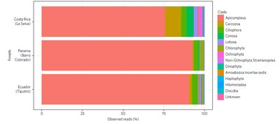 Bar graph of observed reads by clade in tropical forest soils