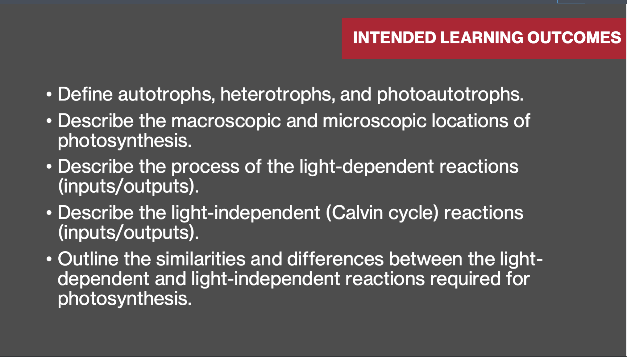 Intended learning outcomes for photosynthesis