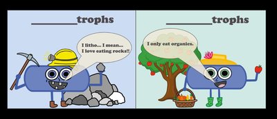 Cartoon comparing autotrophs (fix CO2) and heterotrophs (consume organics)