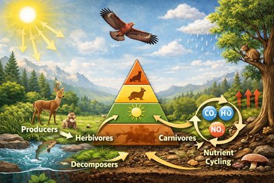 Diagram of ecosystem showing energy flow and nutrient cycling