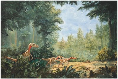 Reconstruction of a Cretaceous forest with dinosaurs