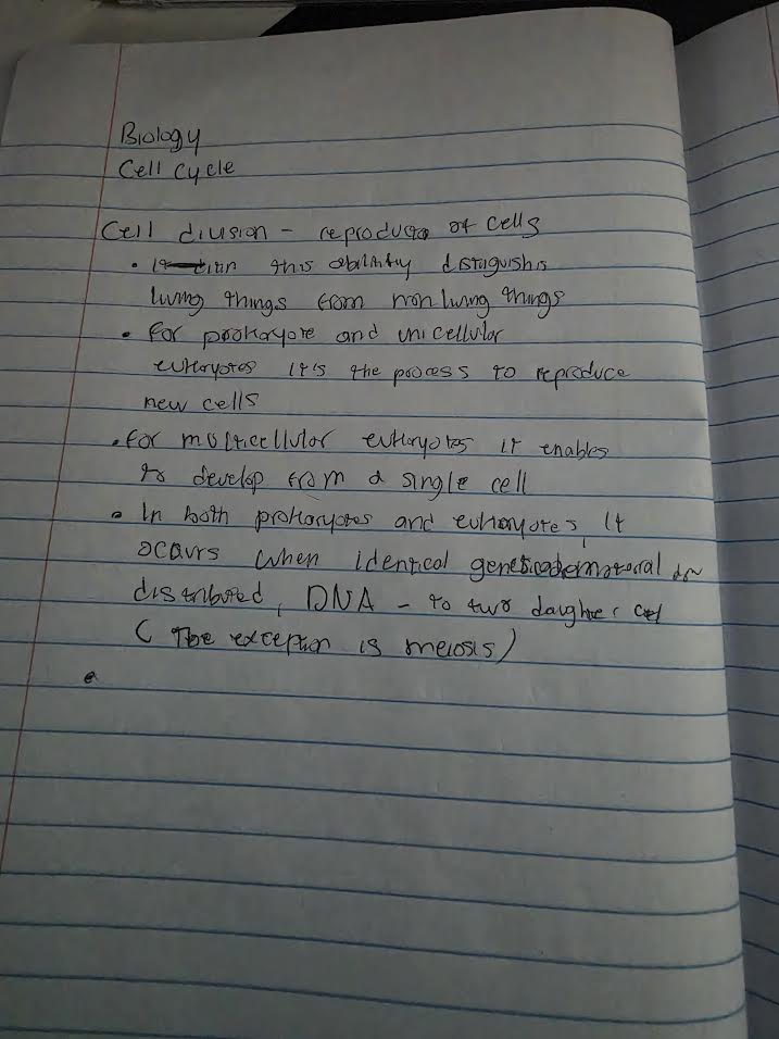 Handwritten notes on cell division and the cell cycle