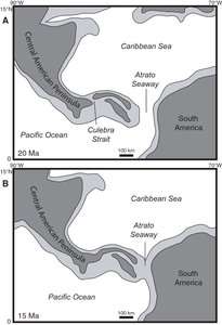 Paleogeographic maps showing the closure of the Central American Seaway