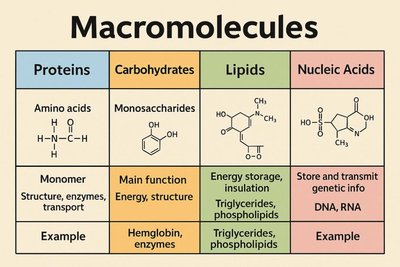 Table of macromolecules, their monomers, functions, and examples