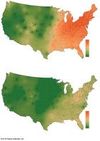 US maps showing pH of precipitation in 1990 and 2014