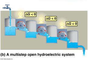 Multistep open hydroelectric system, analogous to metabolic pathways