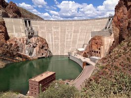 Water behind a dam, demonstrating potential energy