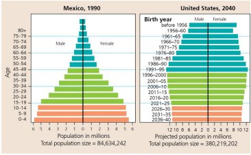 Population age structure diagrams for Mexico (1990) and the United States (2040)