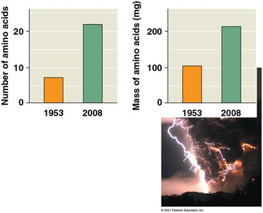 Bar graphs comparing amino acid synthesis in 1953 and 2008, and volcanic lightning