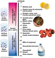 The pH scale and pH values of some aqueous solutions