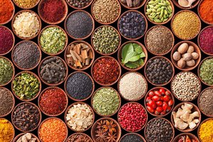 Various spices and seeds from angiosperms