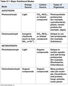 Table of major nutritional modes in prokaryotes