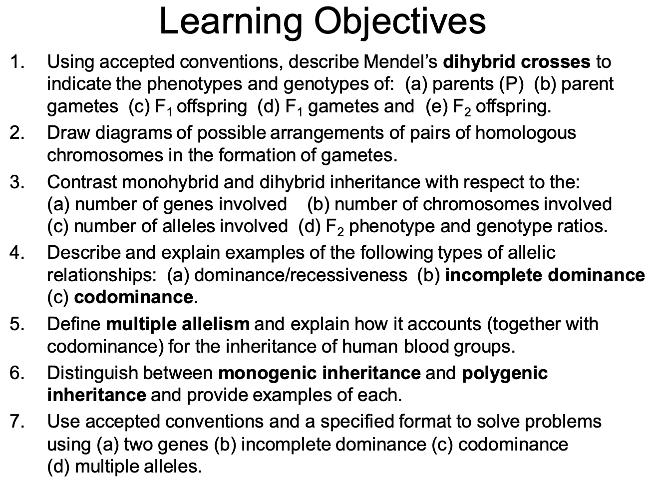 Learning objectives for Mendelian genetics and inheritance
