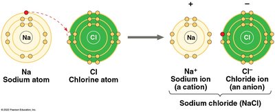 Formation of sodium chloride (NaCl) by ionic bonding