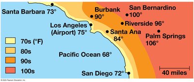 Temperature map showing coastal moderation