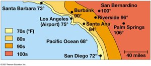 Temperatures for the Pacific Ocean and Southern California on an August day