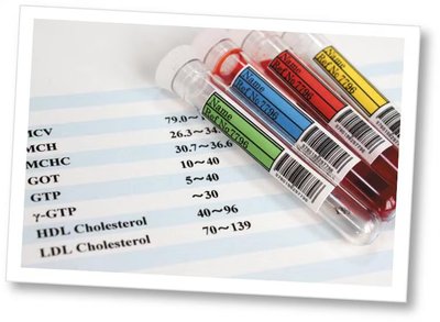 Blood test tubes and cholesterol test results