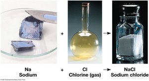 Sodium and chlorine combine to form sodium chloride